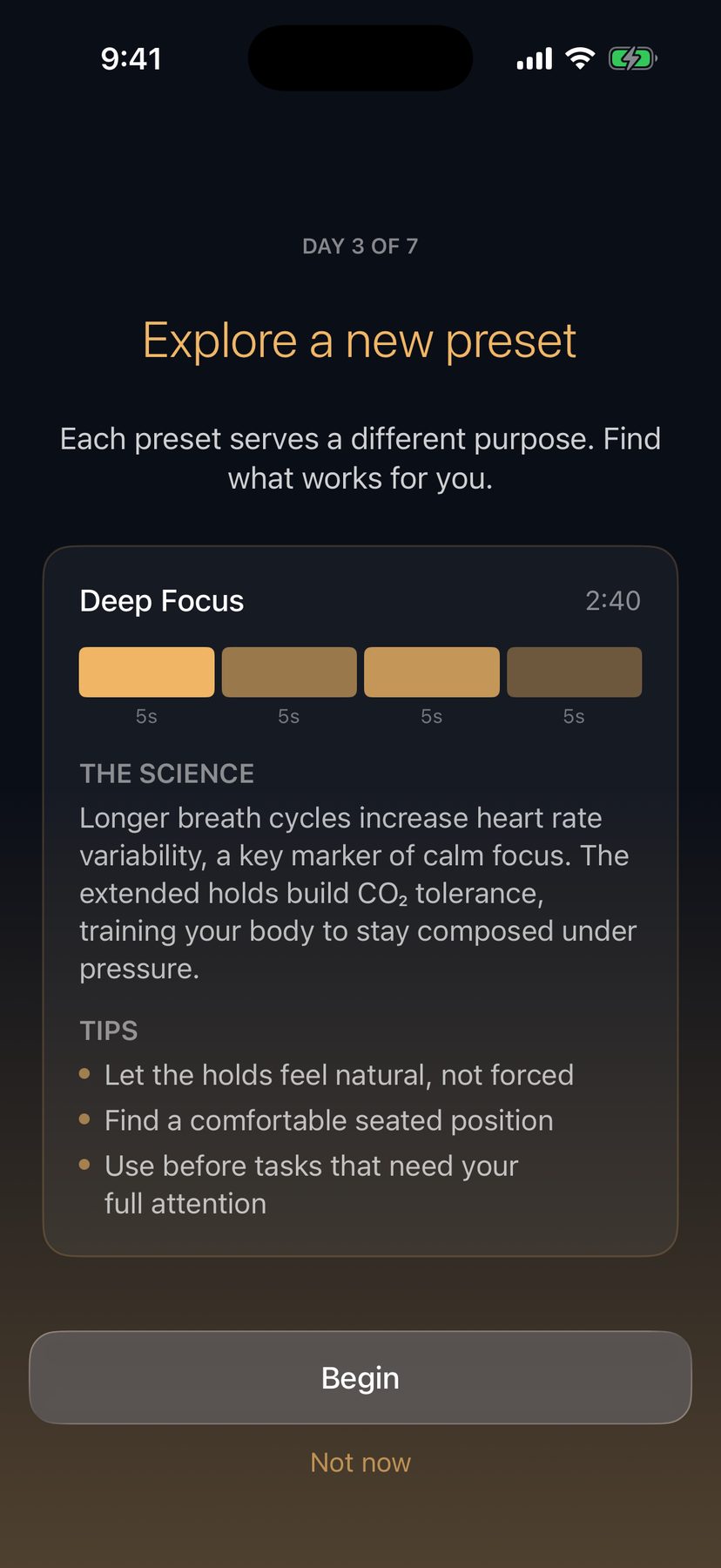 Day 3 of 7 in the first-week journey: Explore a new preset, with Deep Focus timing bars, the science behind the pattern, and tips